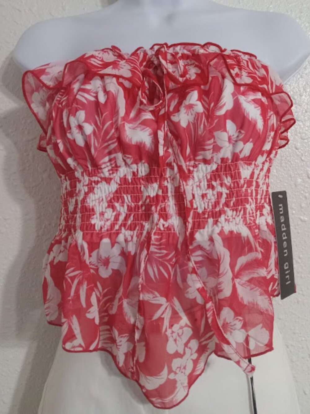 Madden Girl - Red & White Floral Strapless Ruffle Top